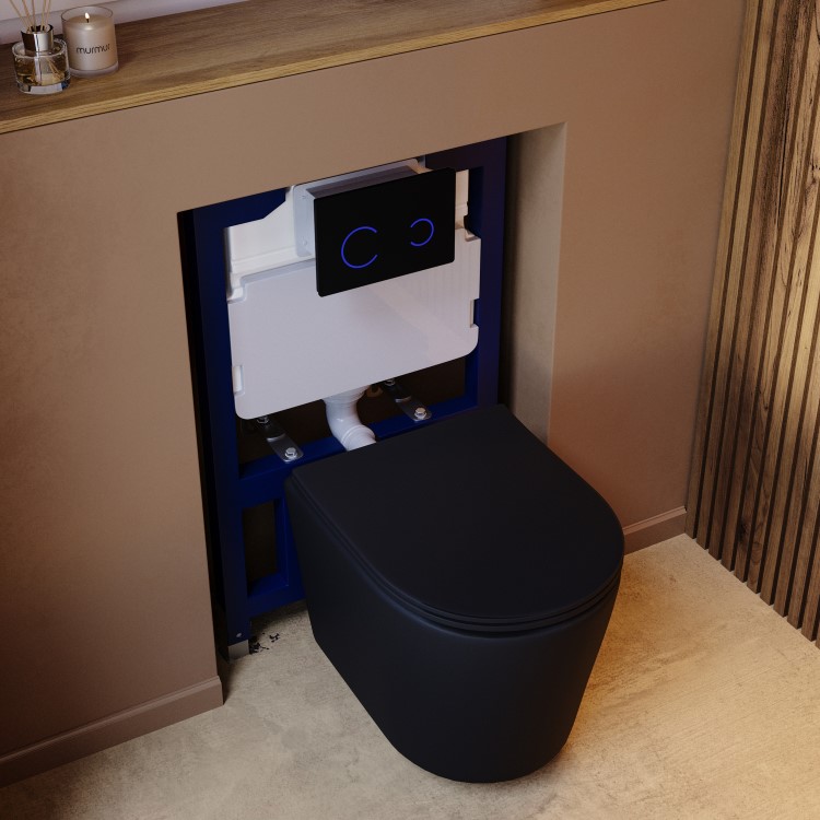 Matt White Wall Hung Rimless Toilet with Soft Close Seat, Black Glass Sensor Flush Plate, 820mm Frame & Cistern – Verona