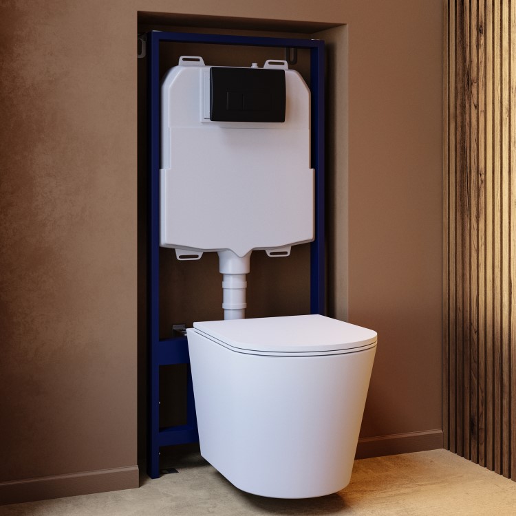 Matt White Wall Hung Rimless Toilet with  Soft Close Seat, Black Pneumatic Flush Plate, 1168mm Frame & Cistern – Verona