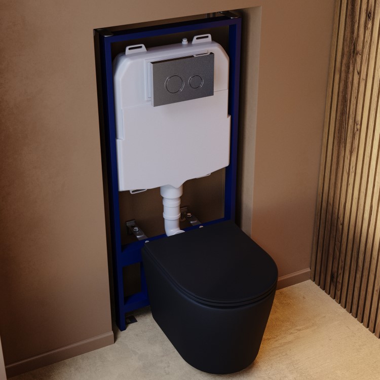 Matt Black Wall Hung Rimless Toilet with Soft Close Seat, Chrome Mechanical Flush Plate, 1168mm Frame & Cistern – Verona