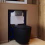 Matt Black Wall Hung Rimless Toilet with Soft Close Seat, Chrome Pneumatic Flush Plate, 820mm Frame & Cistern – Verona