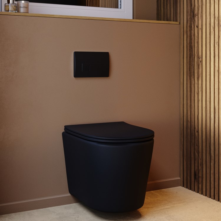 Matt Black Wall Hung Rimless Toilet with Soft Close Seat, Black Pneumatic Flush Plate, 820mm Frame & Cistern – Verona