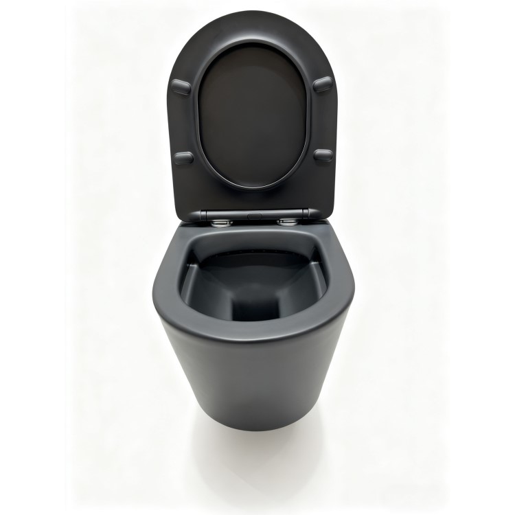 Matt Black Wall Hung Rimless Toilet with Soft Close Seat, Brushed Brass Pneumatic Flush Plate, 820mm Frame & Cistern – Verona