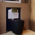 BUN/BeBa_25861/88936 Matt Black Wall Hung Rimless Toilet with Soft Close Seat, Brushed Brass Pneumatic Flush Plate, 820mm Frame & Cistern – Verona
