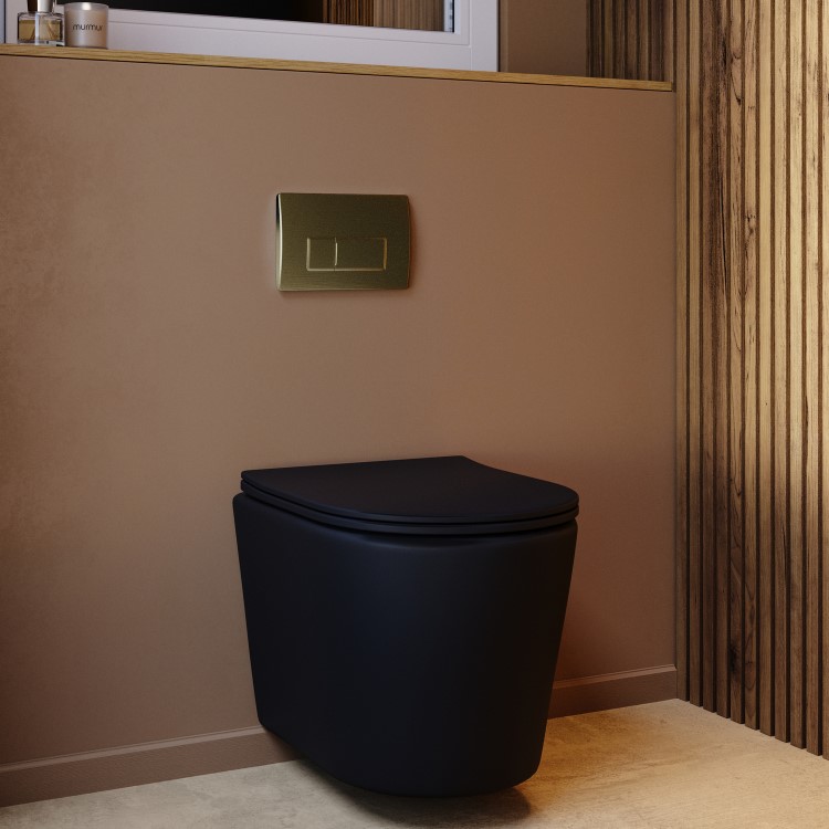 Matt Black Wall Hung Rimless Toilet with Soft Close Seat, Brushed Brass Pneumatic Flush Plate, 820mm Frame & Cistern – Verona