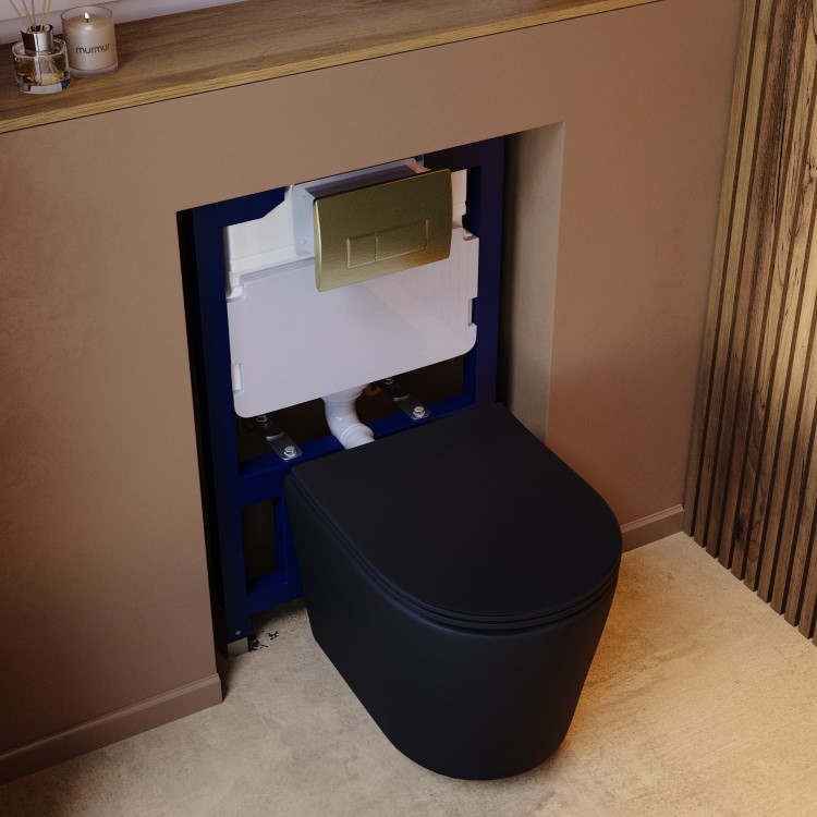 Matt Black Wall Hung Rimless Toilet with Soft Close Seat, Brushed Brass Pneumatic Flush Plate, 820mm Frame & Cistern – Verona