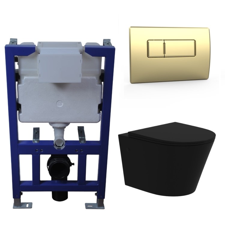Matt Black Wall Hung Rimless Toilet with Soft Close Seat, Brushed Brass Pneumatic Flush Plate, 820mm Frame & Cistern – Verona