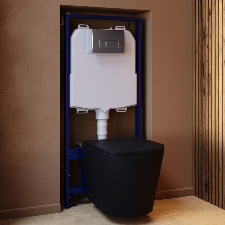 Matt Black Wall Hung Rimless Toilet with Soft Close Seat, Chrome Pneumatic Flush Plate, 1168mm Frame & Cistern – Verona