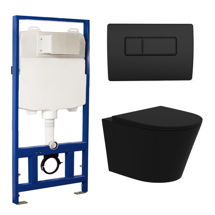Matt Black Wall Hung Rimless Toilet with Soft Close Seat, Black Pneumatic Flush Plate, 1168mm Frame & Cistern – Verona