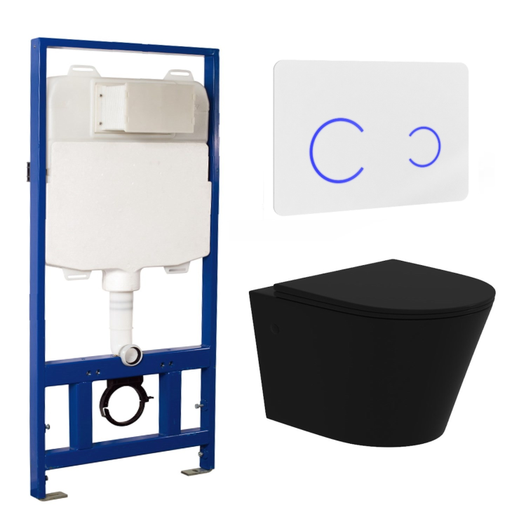 Matt Black Wall Hung Rimless Toilet with Soft Close Seat, White Glass Sensor Flush Plate, 1168mm Frame & Cistern – Verona