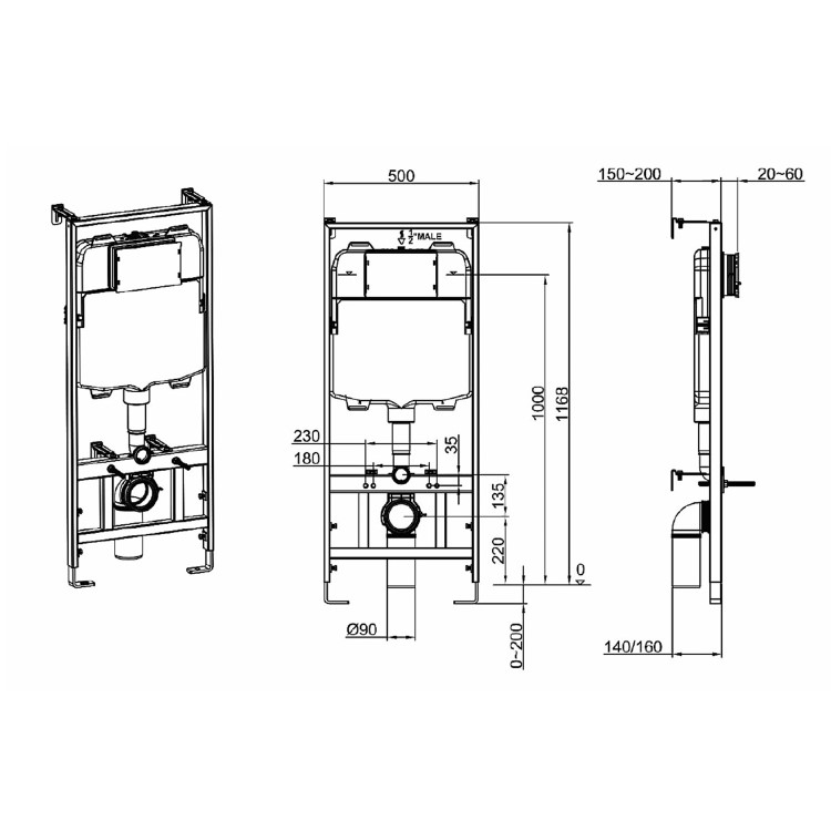 Wall Hung Rimless Toilet with Soft Close Seat, Brushed Brass Mechanical Flush Plate, 1168mm Frame & Cistern – Alcor
