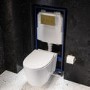 Wall Hung Rimless Toilet with Soft Close Seat, Brushed Brass Mechanical Flush Plate, 1168mm Frame & Cistern – Alcor