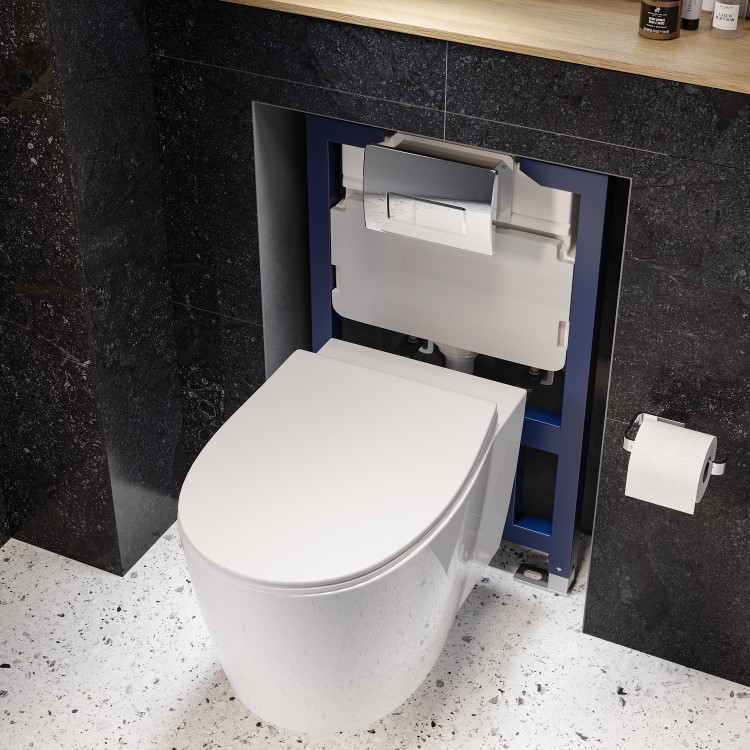 Wall Hung Rimless Toilet with Soft Close Seat, Chrome Pneumatic Flush Plate, 820mm Frame & Cistern – Alcor