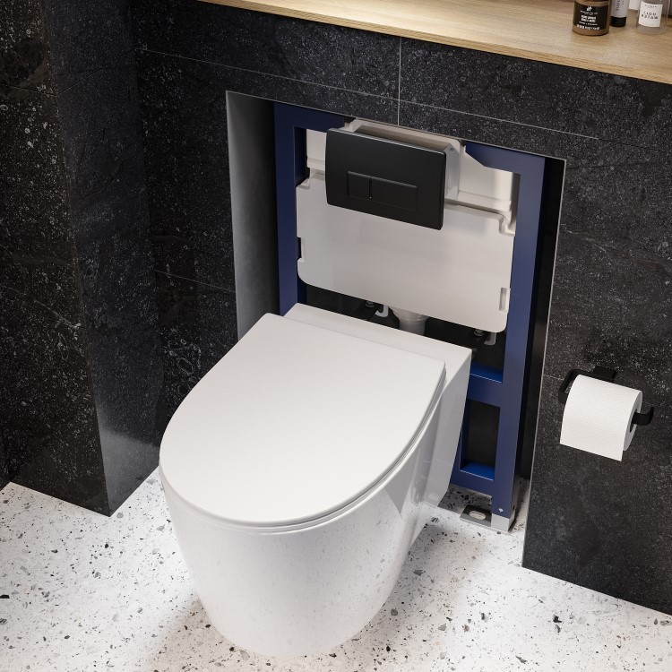 Wall Hung Rimless Toilet with Soft Close Seat, Matt Black Pneumatic Flush Plate, 820mm Frame & Cistern – Alcor