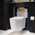 BUN/BeBa_25867/88923 Wall Hung Rimless Toilet with Soft Close Seat, Brushed Brass Pneumatic Flush Plate, 820mm Frame & Cistern – Alcor