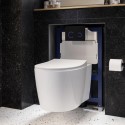 BUN/BeBa_25867/88925 Wall Hung Rimless Toilet with Soft Close Seat, Black Glass Sensor Flush Plate, 820mm Frame & Cistern – Alcor