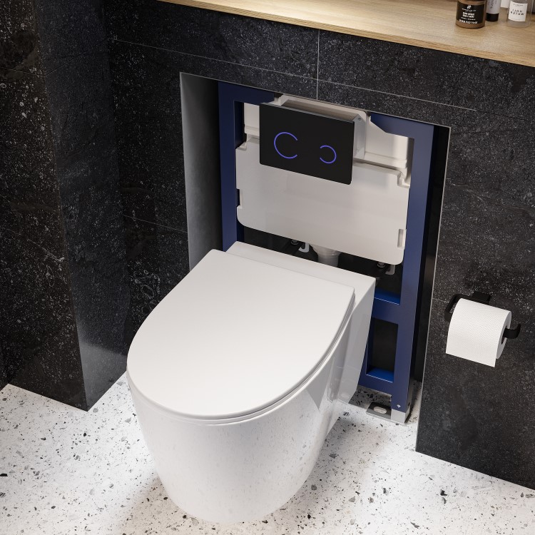 Wall Hung Rimless Toilet with Soft Close Seat, Black Glass Sensor Flush Plate, 820mm Frame & Cistern – Alcor
