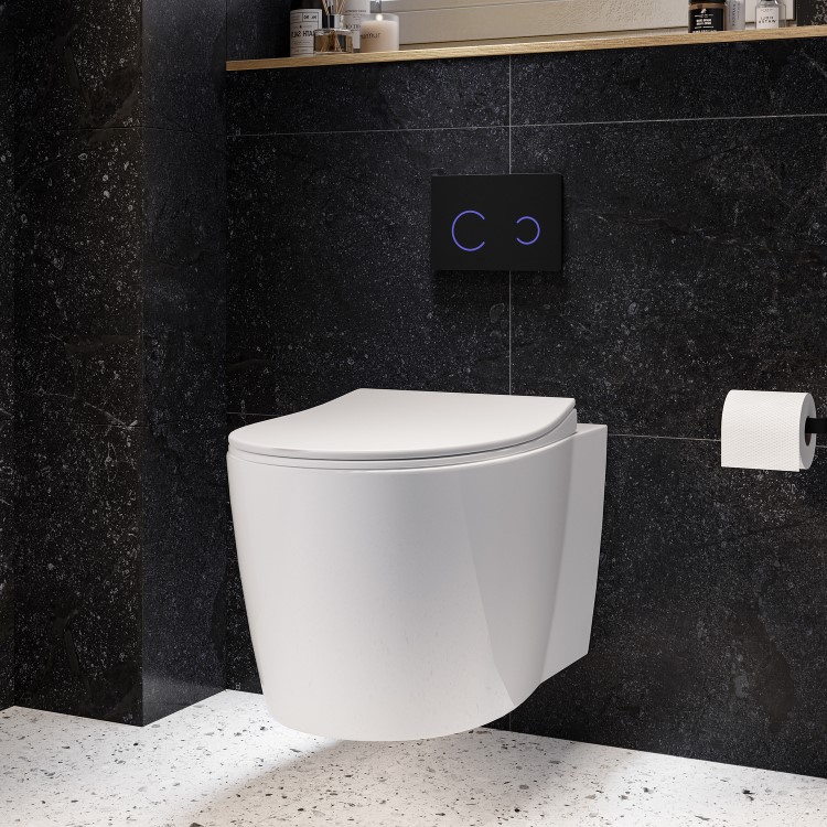 Wall Hung Rimless Toilet with Soft Close Seat, Black Glass Sensor Flush Plate, 820mm Frame & Cistern – Alcor