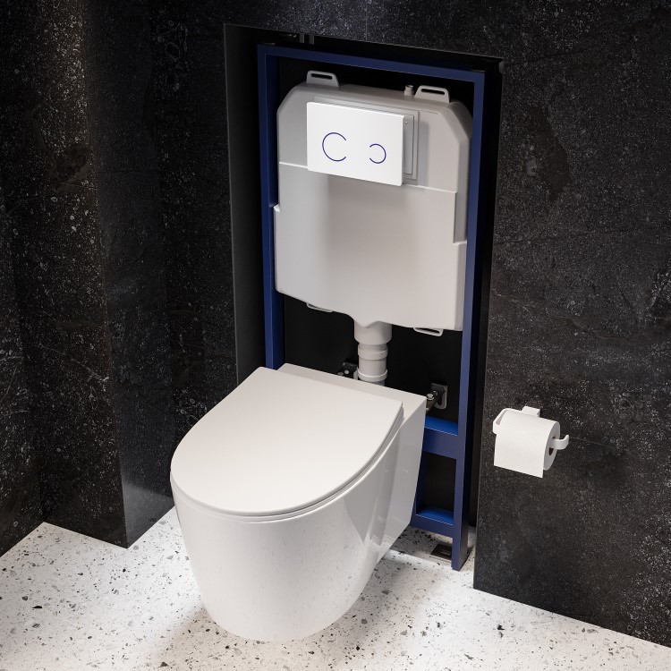 Wall Hung Rimless Toilet with Soft Close Seat, White Glass Sensor Flush Plate, 1168mm Frame & Cistern – Alcor