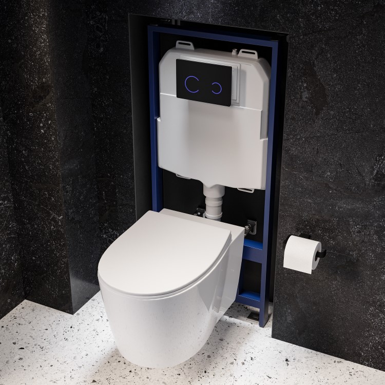 Wall Hung Toilet with Soft Close Seat, Black Glass Sensor Flush Plate, 1168mm Frame & Cistern – Alcor