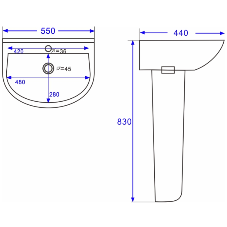 ONLY OPENED - Modern Pedestal Basin 550mm - Newport
