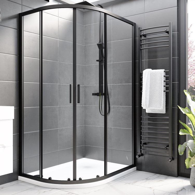 Grade A1 - 1200x800mm Black Offset Quadrant Shower Enclosure - Pavo