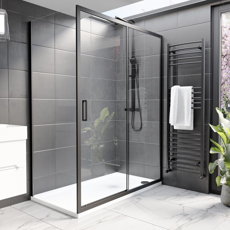 Black 8mm Glass Rectangular Sliding Shower Enclosure with Shower Tray 1400x800mm - Pavo