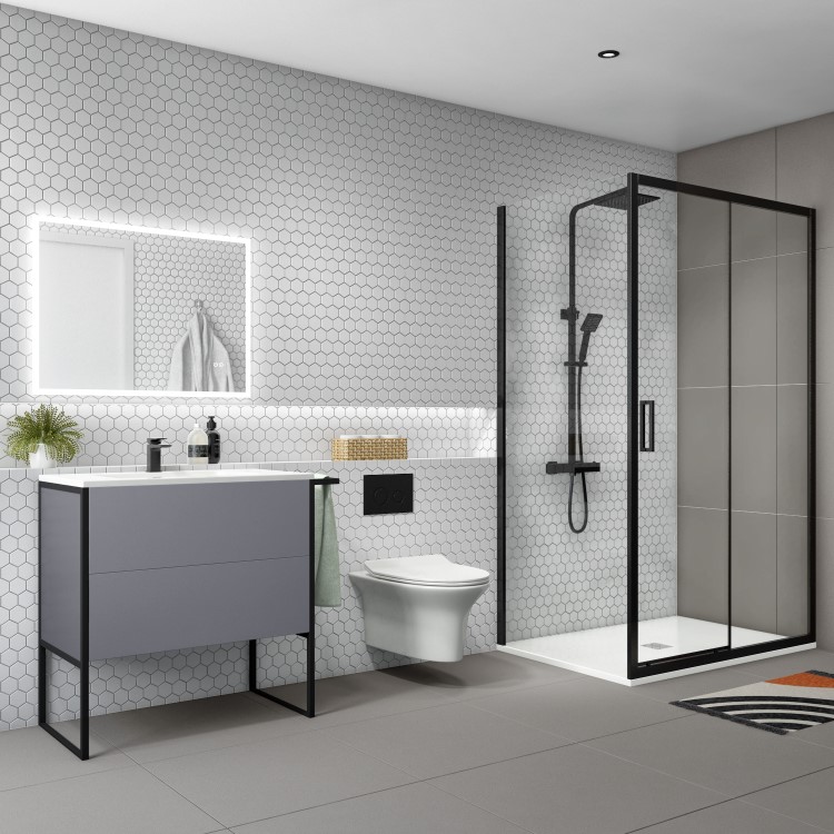 Grade A1 - 1700 x 900mm Black Rectangular Sliding Shower Enclosure - Pavo