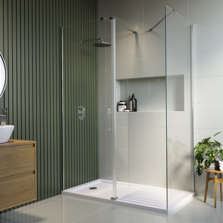 1700x800mm Chrome Walk-In Shower Screen Enclosure with 300mm Hinged Flipper Panel and Shower Tray – Corvus