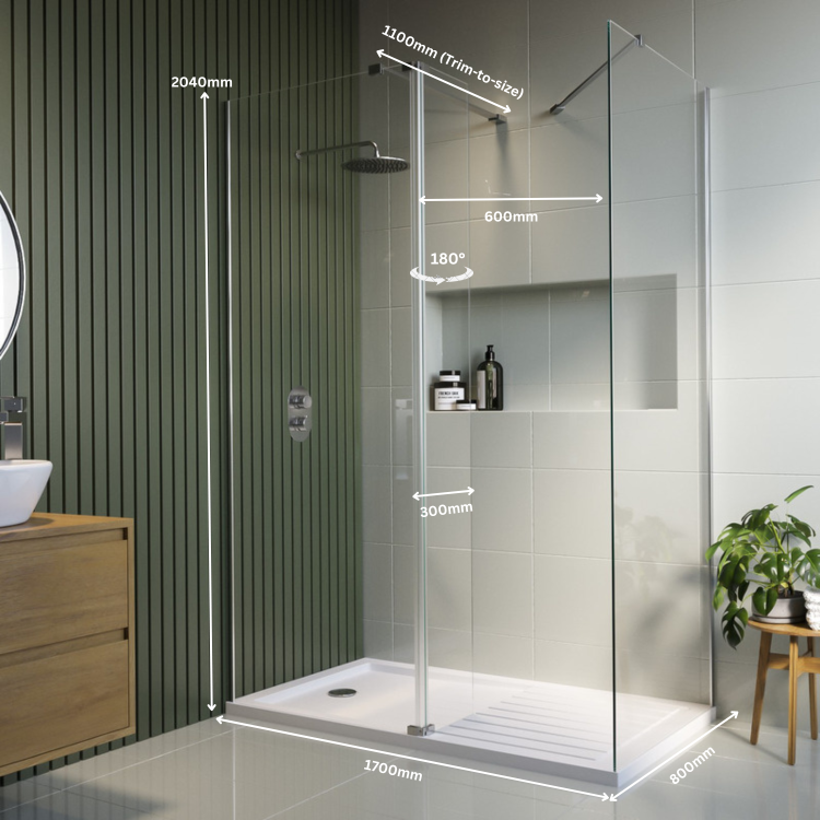1700x800mm Chrome Walk-In Shower Screen Enclosure with 300mm Hinged Flipper Panel and Shower Tray – Corvus