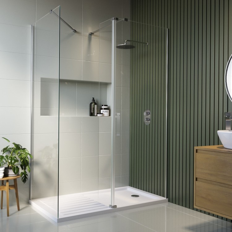 1700x800mm Chrome Walk-In Shower Screen Enclosure with 300mm Hinged Flipper Panel and Shower Tray – Corvus
