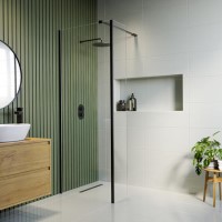 Wet Room Shower Screen 800mm Black Frameless with 300mm Fixed Panel and Wall Support Bar - Corvus