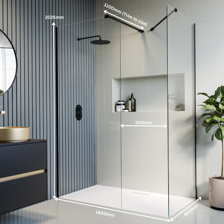 1400x900mm Black Walk In Shower Screen Enclosure and Shower Tray - Corvus