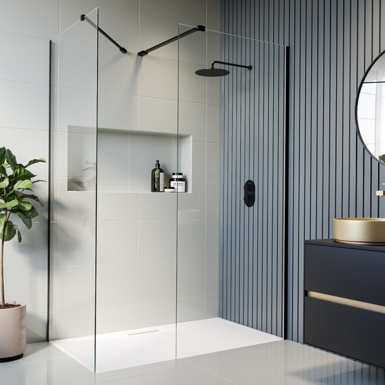 1400x900mm Black Walk In Shower Screen Enclosure and Shower Tray - Corvus