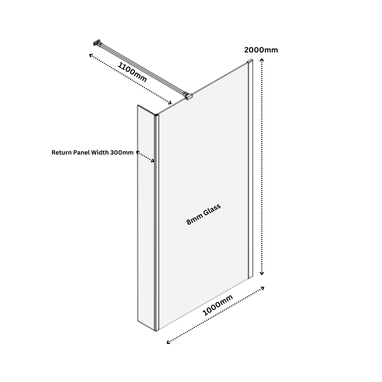 Grade A1 - 1000mm Black Frameless Wet Room Shower Screen with Return Panel - Corvus