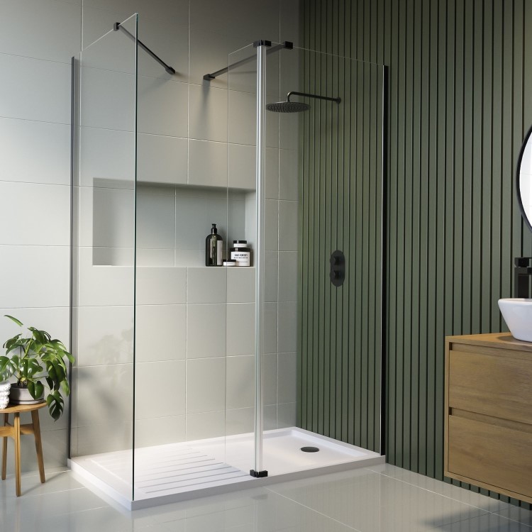 1600x800mm Black Walk-In Shower Screen Enclosure with 300mm Hinged Flipper Panel and Shower Tray – Corvus