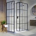 BUN/BeBa_26112/83271 1400x800mm Black Grid Framework Wet Room Shower Screen Enclosure with 300mm Fixed Panel and Shower Tray with Drying Area - Nova