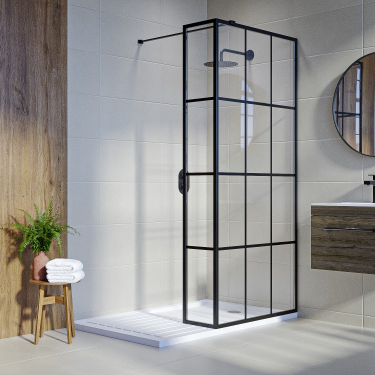 1000mm Black Grid Shower Screen for Wet Room & Walk In Shower with 300mm Fixed Panel- Nova