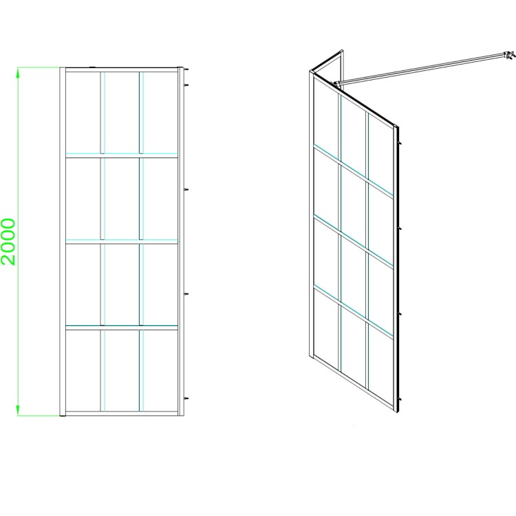 1000mm Black Grid Shower Screen for Wet Room & Walk In Shower with 300mm Fixed Panel- Nova