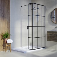 Grade A1 - 1100mm Black Grid Framework Wet Room Shower Screen with 300mm Fixed Panel - Nova