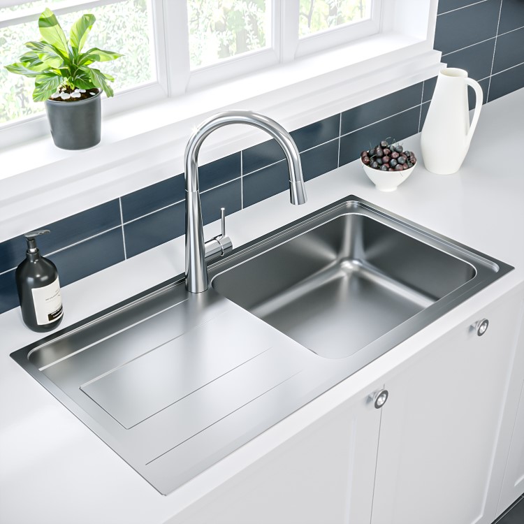 1 Bowl Chrome Stainless Steel Reversible Inset Kitchen Sink with Pull Out Mixer Tap Set - Enza