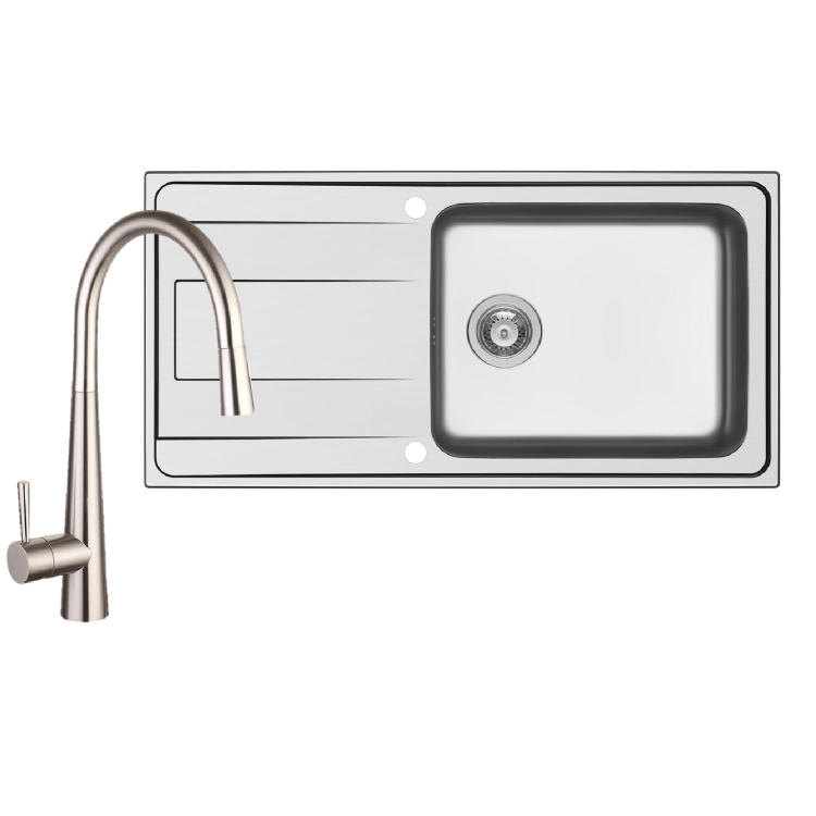 1 Bowl Chrome Stainless Steel Reversible Inset Kitchen Sink with Pull Out Mixer Tap Set - Enza