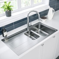 1.5 Bowl Chrome Stainless Steel Reversible Inset Kitchen Sink with Pull Out Mixer Tap Set - Enza 1.5 Bowl Chrome Stainless Steel Reversible Inset Kitchen Sink with Pull Out Mixer Tap Set - Enza