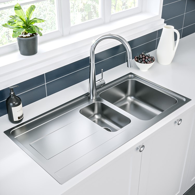 1.5 Bowl Chrome Stainless Steel Reversible Inset Kitchen Sink with Pull Out Mixer Tap Set - Enza