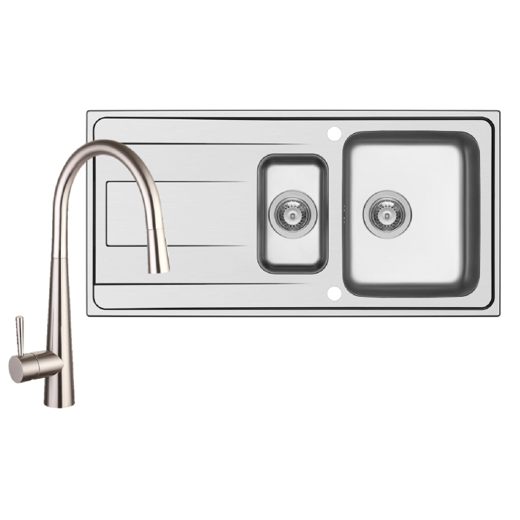 1.5 Bowl Chrome Stainless Steel Reversible Inset Kitchen Sink with Pull Out Mixer Tap Set - Enza