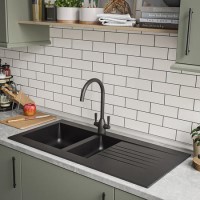 Black 1.5 Bowl Composite Kitchen Sink with Reversible Drainer & Black Dual Lever Kitchen Mixer Tap - Essence