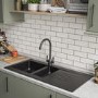 Black 1.5 Bowl Composite Kitchen Sink with Reversible Drainer & Black Dual Lever Kitchen Mixer Tap - Essence