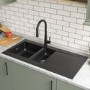 1.5 Bowl Black Reversible Composite Inset Kitchen Sink with Pull Out Kitchen Mixer Tap Set - Essence