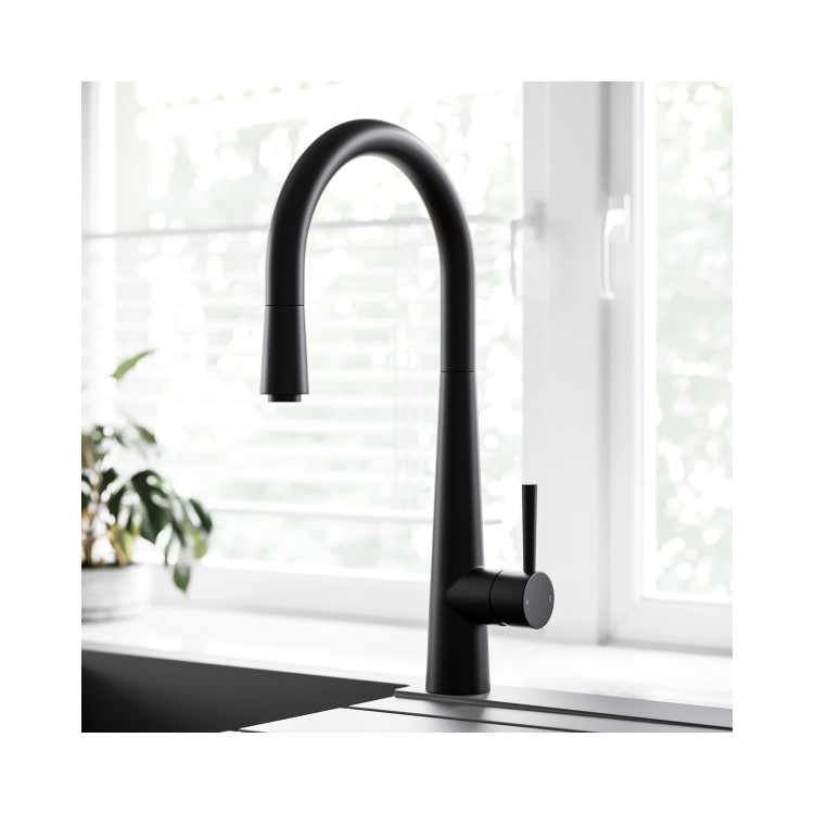 1.5 Bowl Black Reversible Composite Inset Kitchen Sink with Pull Out Kitchen Mixer Tap Set - Essence