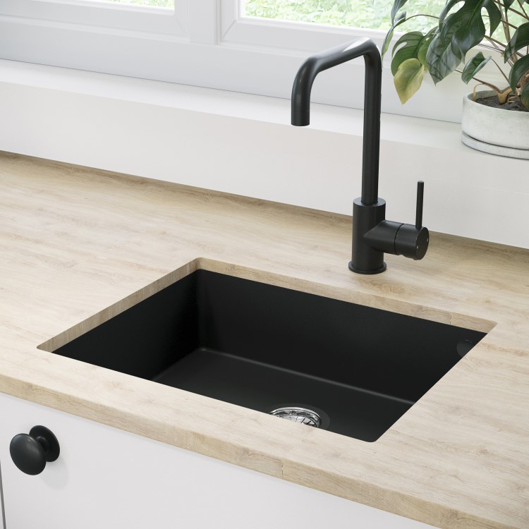 1 Bowl Black Granite Composite Undermount Kitchen Sink with Mixer Tap Set - Enza