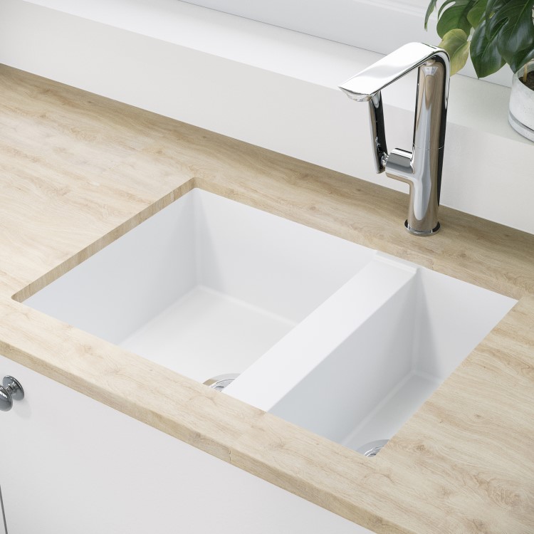 1.5 Bowl White Granite Composite Undermount Kitchen Sink with Mixer Tap Set - Enza